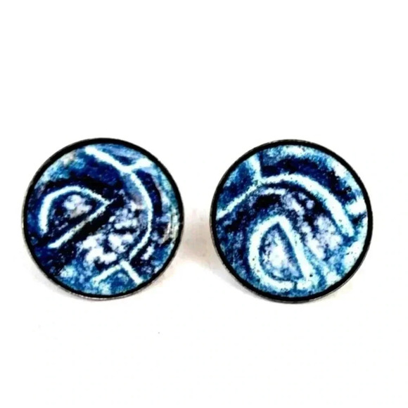 Vintage Gold Frame Retro Art Deco MCM Blue & White Men's Cuff Links - Picture 1 of 2